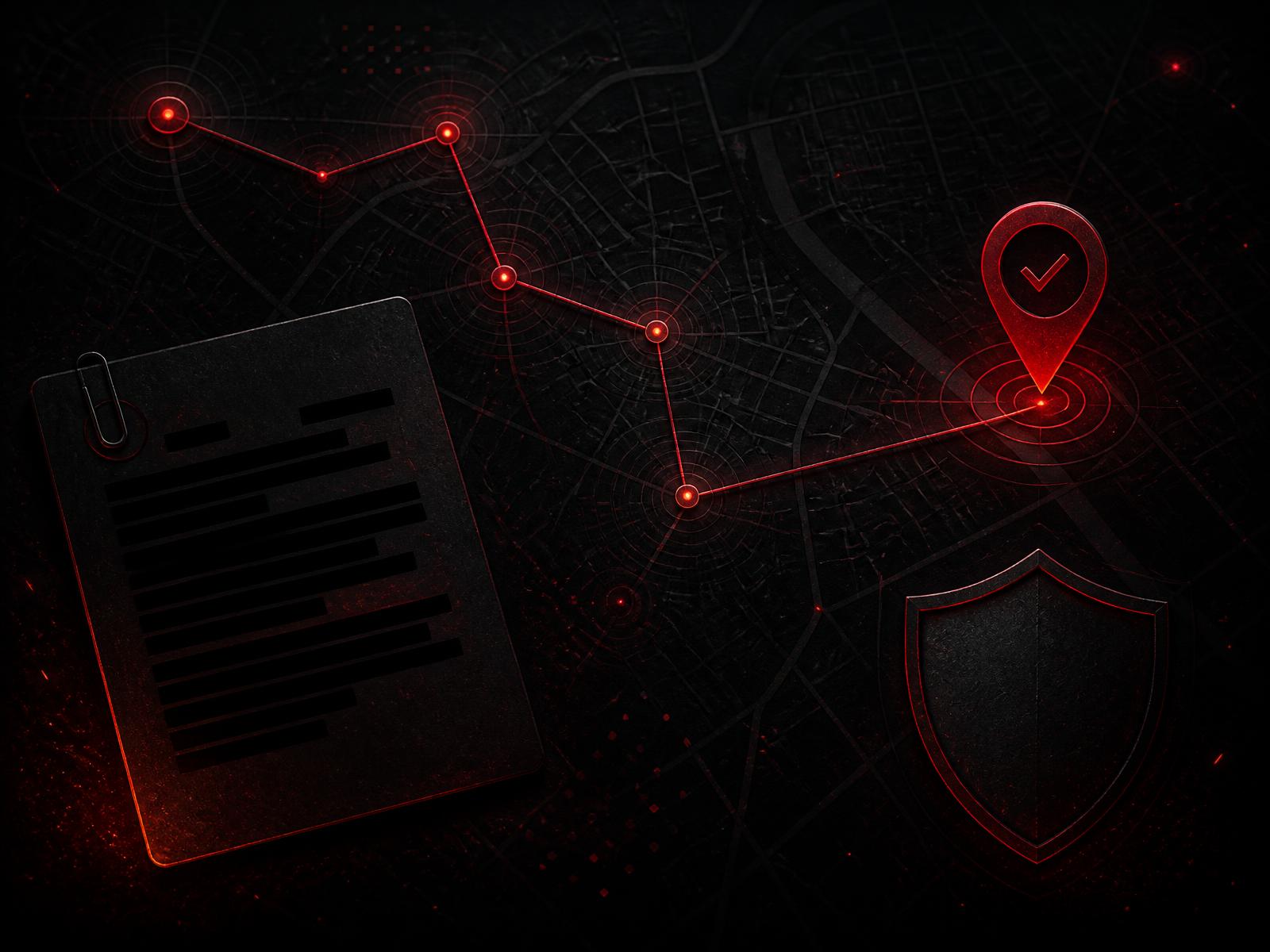 Abstract investigative illustration: a dark geographic grid with disconnected data points, a highlighted path connecting them, a redacted report card, a verified location marker, and a shield outline
